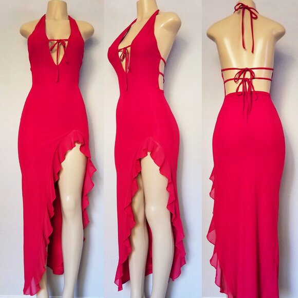 White Fox Boutique Day By Day Maxi Dress in Cherry Red XS Slit Ruffle Plunge Tie - Picture 4 of 11
